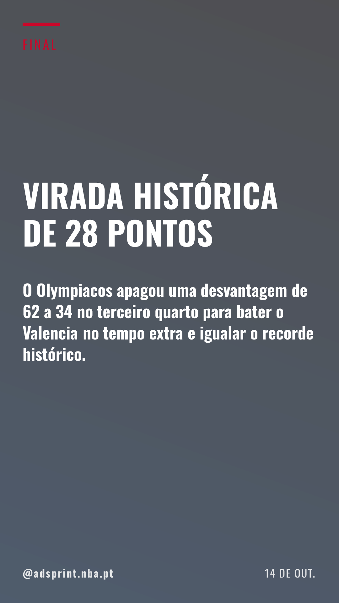 Olympiacos tira desvantagem de 28 pontos contra o Valencia e iguala recorde